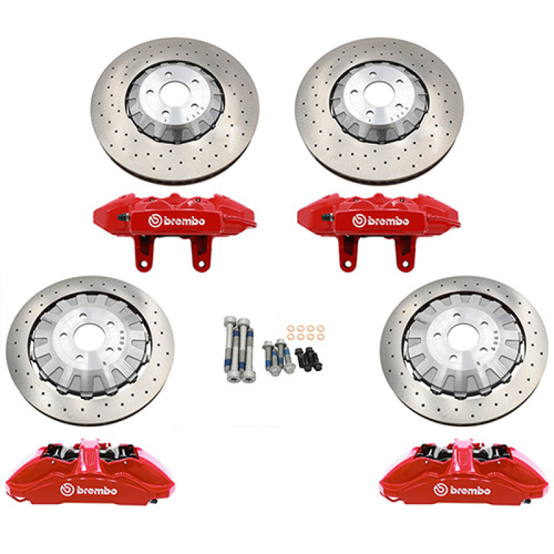 Ford Mustang Brake Kit - Front + Rear - Ford Racing - Cross Drilled Rotors + Brake Pads + Brembo Calipers - Gloss Red - `15-`17 Ford Mustang Brake Kit - Front + Rear - Ford Racing - Cross Drilled Rotors + Brake Pads + Brembo Calipers - Gloss Red - `15-`17